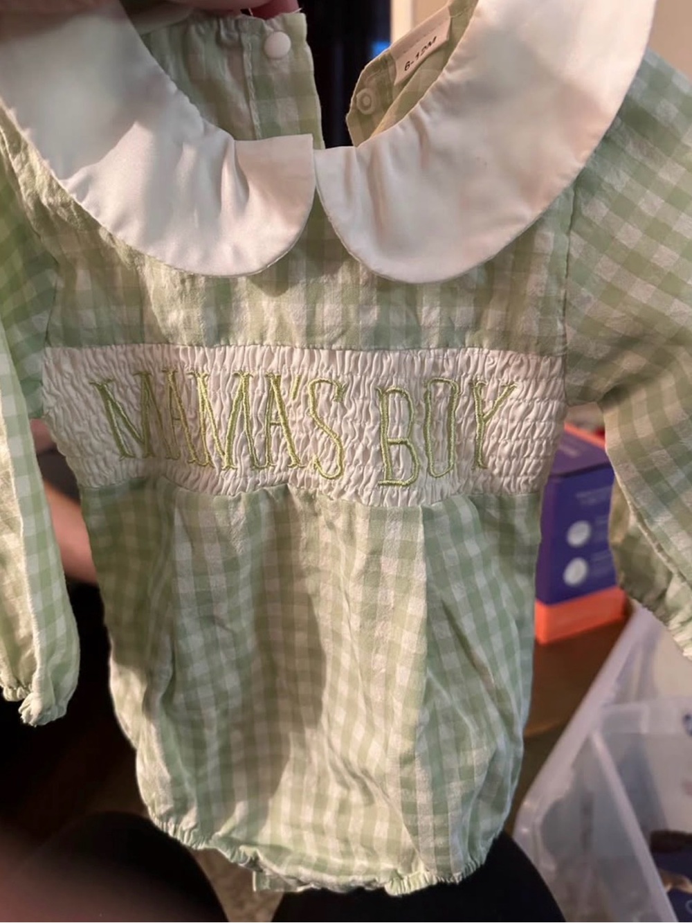 Amazon Kids One-Piece Green and White Gingham "Mama’s Boy" Smocked Bubble